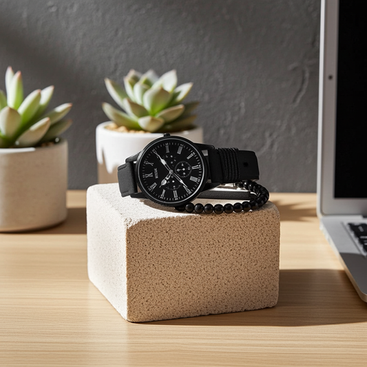 4-Piece Men’s Quartz Watch & Bracelet Set – Pure Black