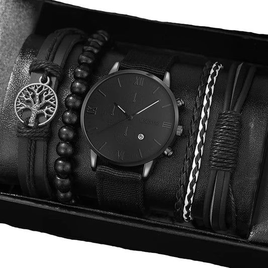 4pcs Men's Quartz Watch Set with Bracelets (Black)