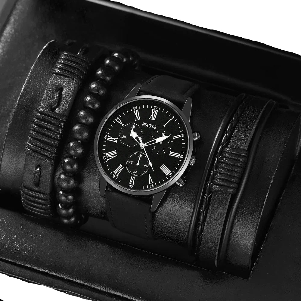 4-Piece Men’s Quartz Watch & Bracelet Set – Pure Black