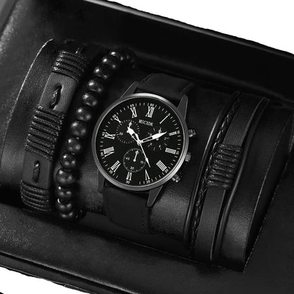 4-Piece Men’s Quartz Watch & Bracelet Set – Pure Black