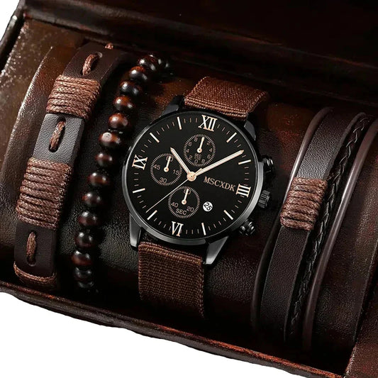 4pcs Men's Quartz Watch Set with Bracelets (Coffee)