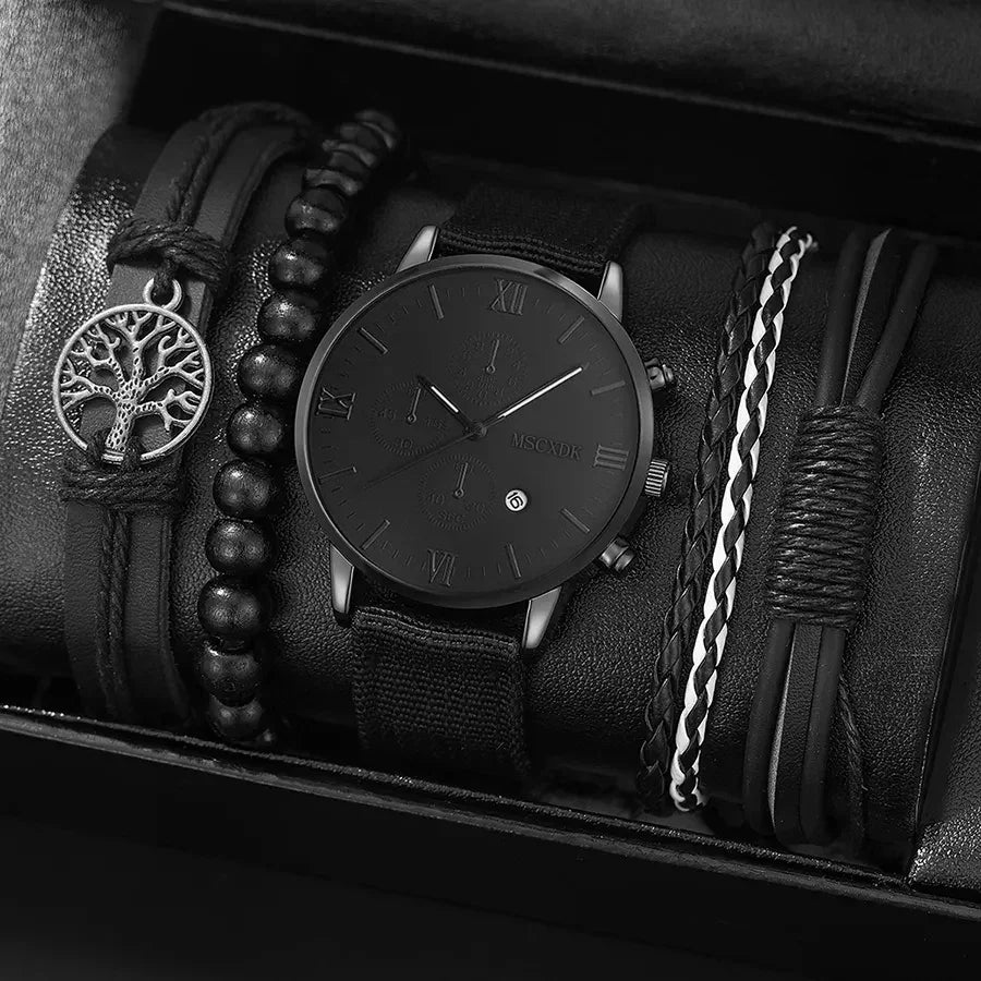 4pcs Men's Quartz Watch Set with Bracelets (Black)
