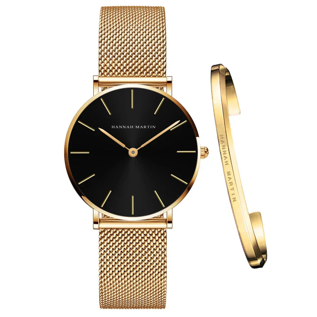 Women’s Mesh Bracelet Watch Set – Black Gold (Model HM-CH36)