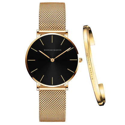 Women’s Mesh Bracelet Watch Set – Black Gold (Model HM-CH36)
