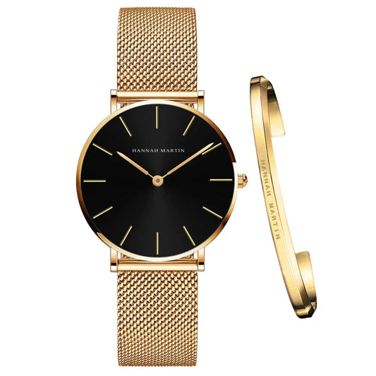 Women’s Mesh Bracelet Watch Set – Black Gold (Model HM-CH36)